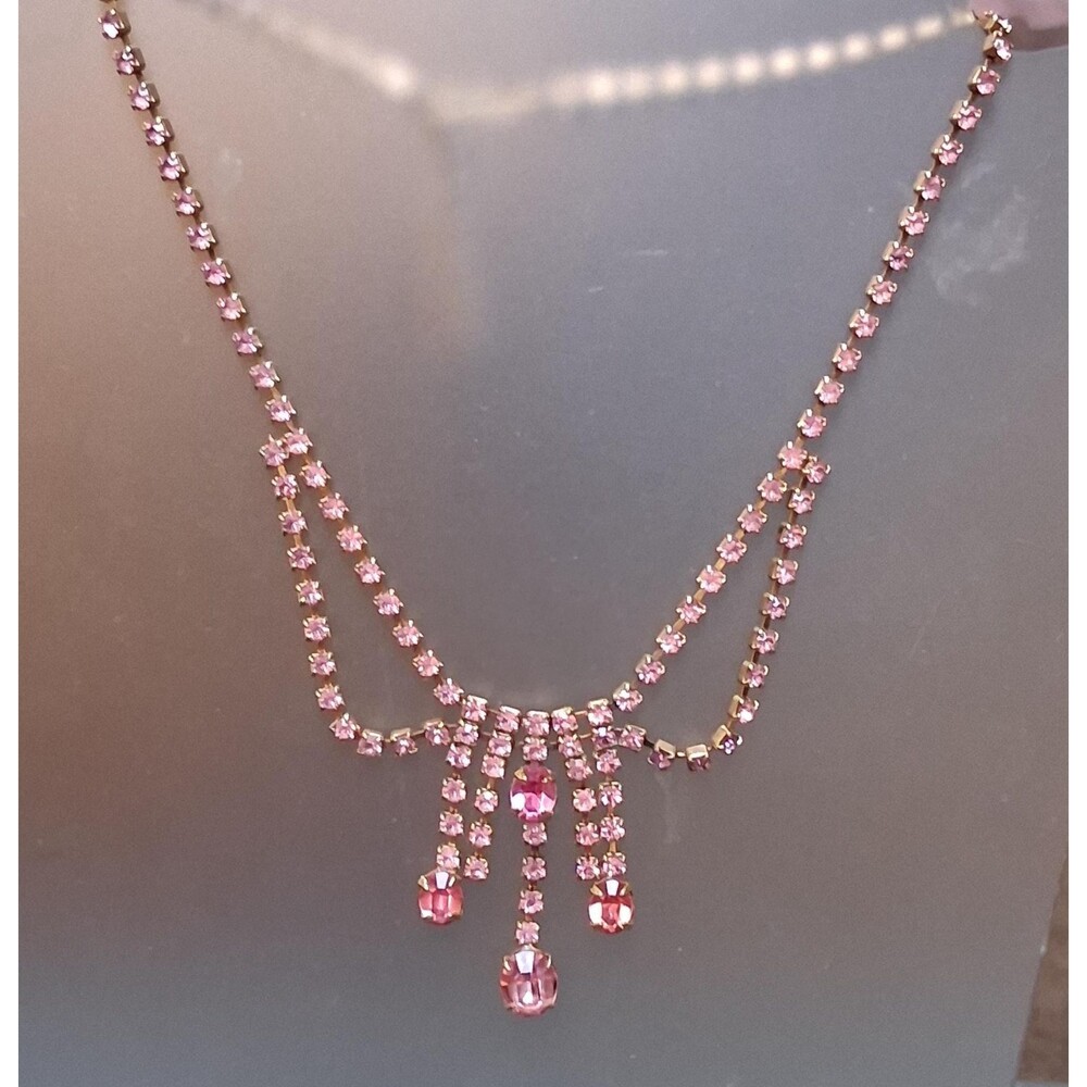 Pink Rhinestone Fringe Necklace Vintage Festoon Choker